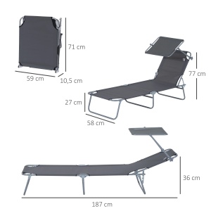 Sezlong cu parasolar, pliabil, panza Oxford/otel, gri, 187 x 58 x 50 cm, Resigilat, Grad A - Img 3