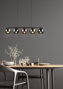Sheldon lustra pendul 5 lumini E14, 83x150 cm, fier vopsit negru mat, globuri sticla fumurie, inaltime reglabila, 230V - Verificat A · Re-Bloom - Img 3