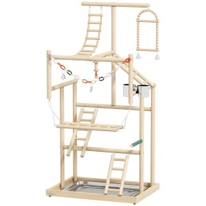 Suport de joaca pentru papagali, lemn de pin/otel inoxidabil, 48x38x95 cm, tava detasabila, scari, boluri, leagan, stinghii, pentru perusi/nimfe/conuri, lemn natural - Verificat A · Re-Bloom