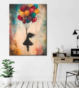 Tablou decorativ canvas model fetita cu baloane, 70x100 cm, panza/lemn, multicolor - Verificat A · Re-Bloom - Img 2
