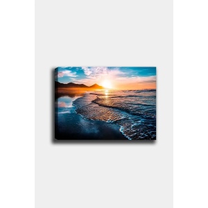 Tablou decorativ Re-Bloom, model apus de soare, lemn/panza, albastru/auriu, 50 x 70 cm
