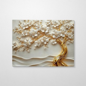 Tablou decorativ Re-Bloom, model copac, panza/lemn, alb/auriu, 70 x 100 x 3 cm