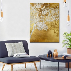Tablou decorativ Re-Bloom, model copac, panza/lemn, auriu/alb, 70 x 100 cm - Img 3