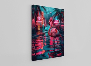 Tablou decorativ Re-Bloom, model flamingo, panza/lemn, multicolor, 70 x 100 cm