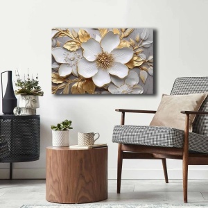 Tablou decorativ Re-Bloom, model floare, panza/lemn masiv, gri/alb/auriu, 45 x 70 cm