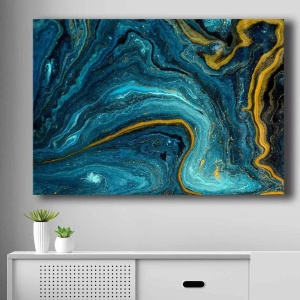 Tablou decorativ Re-Bloom, panza/lemn, albastru/auriu, 70 x 100 cm - Img 4