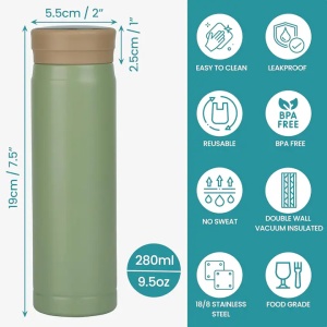 Termos cu Afisare Digitala, Belle Vous, Indicator de Temperatura Inteligent, Capac Etans, 280 ml, din Otel Inoxidabil, Verde, Resigilat, Grad A - Img 3