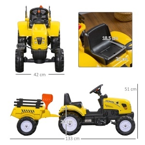 Tractor de pedalat pentru copii cu remorca, metal/plastic, 133x42x51 cm, scaun 18.5x20cm/28cm inaltime, capacitate 35kg, varsta 3+ ani, grebla + lopata + claxon incluse, galben/negru - Verificat A · Re-Bloom - Img 3