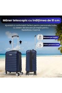 Troler cabina avion, Model Line, 4 roti duble cu rotatie 360°, maner telescopic, cifru, 55 x 36 x 20 cm, ABS, Bleumarin, Resigilat, Grad A - Img 2