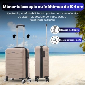 Troler cabina avion Re-bloom, Model Line, 4 roti duble cu rotatie 360°, maner telescopic, cifru, 55 x 36 x 20 cm, ABS, crem, Resigilat, Grad A - Img 2