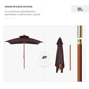 Umbrela de gradina 3x3m, bambus/lemn teak/poliester, 300x300x297 cm, catarg Ø48mm, 8 lamele bambus, 2 niveluri, 12kg, sistem deschidere cu coarda, teak/maro - Verificat A · Re-Bloom - Img 6