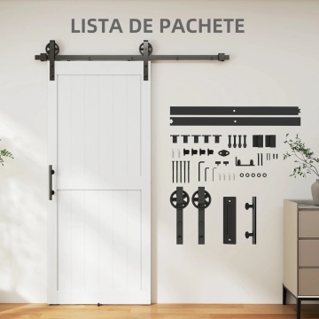 Usa glisanta stil rustic 91.5x3.5x213.4 cm, sina 183 cm, MDF si pin, otel carbon, 2 scripeti industriali, maner inclus, alb si negru - Verificat A · Re-Bloom - Img 6