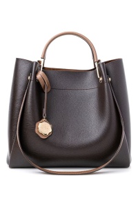 Vince Camuto geanta de umar piele ecologica, 28x32x14 cm, 2 manere + 2 barete fixe, fermoar, portofel interior, detalii aurii, maro inchis - Verificat A · Re-Bloom - Img 1
