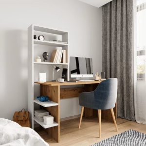 Woody Fashion Ailani birou de studiu + biblioteca, PAL melaminat 100%, birou 120x55x74cm + biblioteca 55x20x150cm, inaltime totala 150cm, natur/alb - Verificat A · Re-Bloom - Img 2