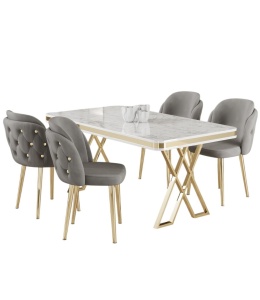 Woody Fashion set 4 scaune dining 45x46x82 cm, cadru metal 100%, tapiterie catifea, inaltime sezut 48 cm, gri/auriu - Verificat A · Re-Bloom