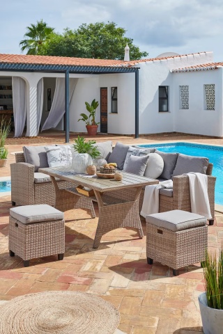 Ambia Garden set mobilier gradina colt L 179x236cm, masa, 2 taburete, 7+4 perne, cadru otel, Maro deschis - Verificat A · Re-Bloom - Img 2