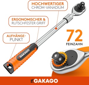 Antrenor extensibil cu clichet Gakago, 1/2", otel crom-vanadiu, 72 dinti, 615 Nm, 46-60 cm - Img 5