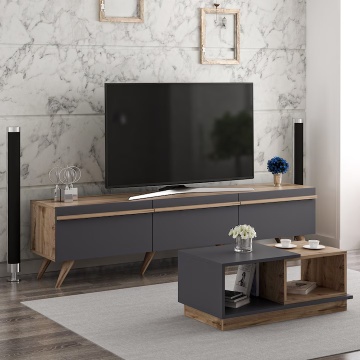 Asi Home Amsterdam set 2 piese living, comoda TV 180x35x42 cm si masuta cafea 90x45x36 cm, PAL 18mm melaminat, antracit si nuc - Verificat A · Re-Bloom - Img 6