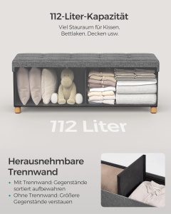 Banca cu spatiu de depozitare Songmics, MDF/textil, gri inchis, 38 x 40 x 110 cm, Resigilat, Grad A - Img 2