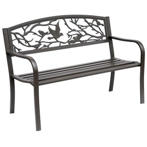 Banca de exterior din otel si fonta cu spatar decorativ, 127x60x85 cm, sezut 120.65x40.64cm/inaltime 40.5cm, spatar 118.74x33cm, cotiere 62cm, capacitate 240kg, maro - Verificat A · Re-Bloom