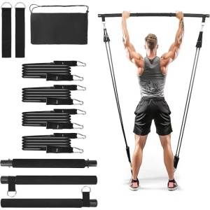 Belle Vous set Pilates bara 92cm + 4 benzi rezistenta 18-23kg + 2 curele picioare + geanta transport, otel/latex, negru - Verificat A · Re-Bloom