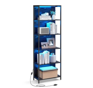 Biblioteca Vasagle, 6 nivele, LED, otel/PAL, negru, 60 x 30,3 x 178,6, Resigilat, Grad A