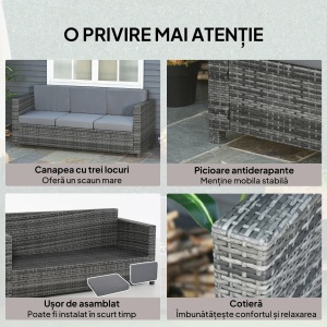 Canapea de exterior 3 locuri, ratan PE/metal/poliester, 185x70x80 cm, sezut 165x60cm/inaltime 35cm, perne sezut 10cm + spatar 8cm cu huse detasabile, capacitate 180kg/loc, gri - Verificat A · Re-Bloom - Img 5