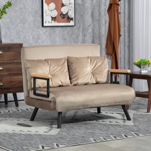 Canapea extensibila 2 locuri Re-Bloom, catifea poliester/otel/burete/lemn, 102x73x81 cm, pat 183x98.5x26 cm, spatar 5 niveluri, 2 perne incluse, 120 kg, maro deschis - Verificat A · Re-Bloom - Img 3