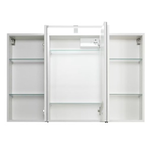 Cardiff dulap baie oglinda LED, 100x64x20 cm, 3 usi oglinda, 6 rafturi sticla, 300 lm, PAL alb, manere crom - Verificat A · Re-Bloom - Img 2