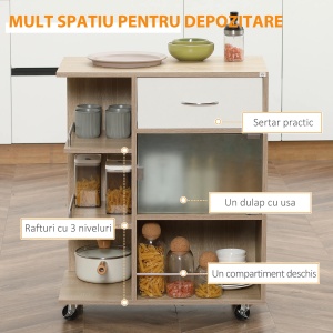 Carucior de bucatarie modern cu sertar, 3 rafturi si dulap cu usa sticla, placi aglomerate/inox/sticla, 65x39x80 cm, sertar 33.4x28.5x9cm, dulap 38.9x37.5x25.7cm, capacitate 40kg, natural/alb - Verificat A · Re-Bloom - Img 6