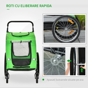 Carucior pentru caini 2 in 1 Re-Bloom, otel/Oxford, 140x72.5x108 cm (remorca), interior 79x55x63 cm, roti 20+50 cm, max 20 kg animal, verde/negru - Verificat A · Re-Bloom - Img 5