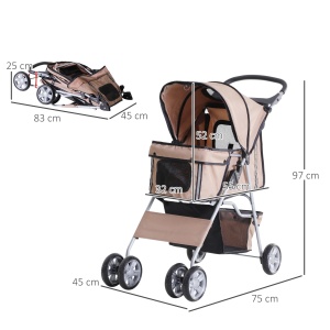 Carucior pliabil caini/pisici max 10 kg, 75x45x97 cm, acoperis retractabil, plasa nylon, cos depozitare, otel/Oxford, maro - Verificat A · Re-Bloom - Img 3