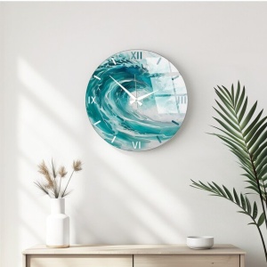 Ceas decorativ de perete Re-Bloom, sticla, albastru/alb, 40 cm - Img 2