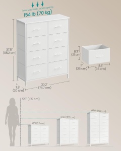 Comoda inalta cu 8 sertare Songmics, otel/MDF/textil, alb, 76,7 x 30 x 92, 5 cm, Resigilat, Grad A - Img 4