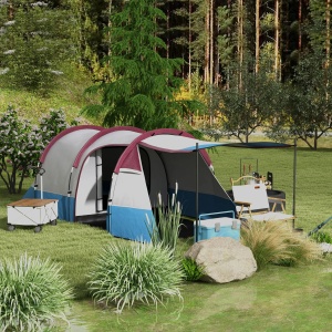 Cort camping 2-3 persoane 420x150x200 cm, 2 camere, impermeabil 2000mm, stalpi fibra de sticla, 3 usi, rosu/albastru/alb - Verificat A · Re-Bloom - Img 2