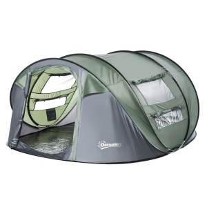 Cort de camping pop-up Re-Bloom, poliester/PE/plasa/fibra sticla, 263.5x220x123 cm, 2 persoane, 2 usi, 4 ferestre, impermeabil, 8 tarusi+4 corzi+husa incluse, verde inchis/gri - Verificat A · Re-Bloom