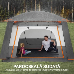 Cort de camping Re-Bloom, poliester/fibra sticla/PE, 430x305x195 cm, 2 camere + veranda, impermeabil UPF30+, 12 cuie + 8 franghii + geanta transport incluse, gri/portocaliu - Verificat A · Re-Bloom - Img 4
