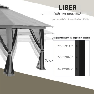 Cort foisor pliabil cu inaltime ajustabila, metal/Oxford/nailon, 392x392x283 cm, streasina 186cm, spatiere coloane 300x300cm, pliat 25x25x125cm, pereti plasa 300x200cm, 4 saci greutate inclusi, gri inchis - Verificat A · Re-Bloom - Img 4