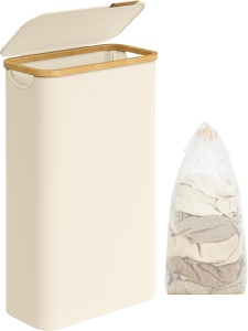 Cos pentru rufe Songmics, panza Oxford/bambus, crem/natur, 42 x 22,5 x 70,5 cm, 65L, Resigilat, Grad A