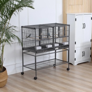 Cusca dubla pentru pasari Re-Bloom, metal/polipropilena/lemn masiv, negru/gri, 95 x 45,5 x 102 cm, Resigilat, Grad A - Img 4