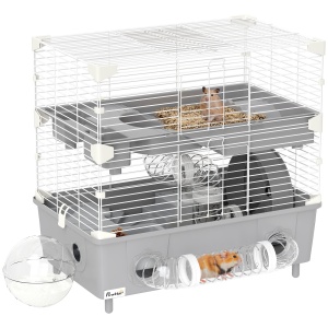 Cusca pentru hamsteri Re-Bloom, cu 2 nivele si 3 usi, otel/polipropilena/PS, gri/alb, 44 x 44,5 x 28 cm, Resigilat, Grad A