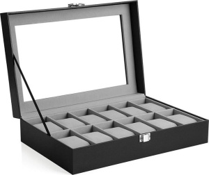 Cutie pentru ceasuri Songmics, MDF/piele PU/sticla, negru/gri, 30 x 20 x 8,5 cm, Resigilat, Grad A