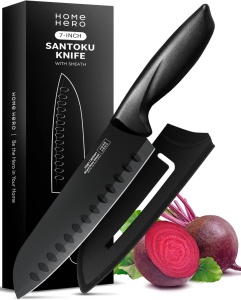 Cutit Santoku Home Hero, cu teaca, maner ergonomic, lama din inox, negru, 18 cm