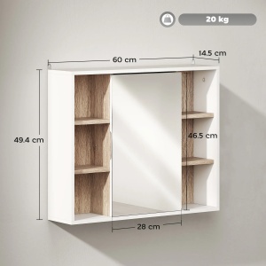 Dulap cu oglinda pentru baie, MDF/PAL/sticla, alb/natur, 60 x 14,5 x 49,4 cm, Resigilat, Grad A - Img 3