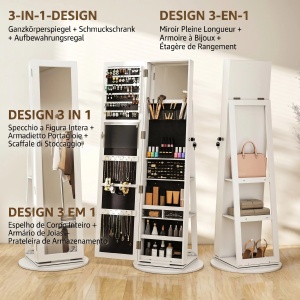 Dulap pentru bijuterii 3 in 1 rotativ 360° Re-Bloom, MDF/sticla, 55x55x161 cm, oglinda 25.7x144.2 cm, usa cu cheie, 15 kg, alb/negru - Verificat A · Re-Bloom - Img 6