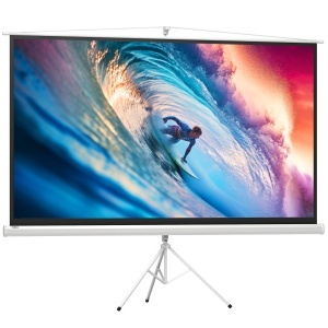 Ecran proiector pliabil 100" cu trepied Re-Bloom, plastic/metal, 221x124 cm, raport 16:9, trepied reglabil, alb - Verificat A · Re-Bloom