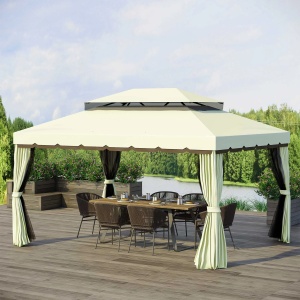Foisor de gradina 4x3 m Re-Bloom, aluminiu/poliester/plasa nylon, 390x290x270 cm, acoperis dublu anti-UV, plasa tantari+perdele incluse, stresina 195 cm, crem/maro - Verificat A · Re-Bloom - Img 3