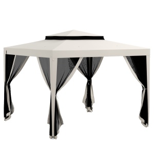 Foisor de gradina cu plasa tantari Re-Bloom, metal/poliester, 297x297x268 cm, acoperis dublu, stresina 200 cm, 4 sfori + 8 tarusi inclusi, bej/gri/negru - Verificat A · Re-Bloom