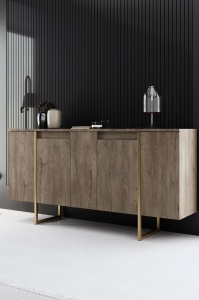 Forme XL set 3 piese living, comoda TV 180cm, masuta cafea 90cm, comoda 160cm, PAL 18mm, picioare metal, nuc si auriu - Verificat A · Re-Bloom - Img 7