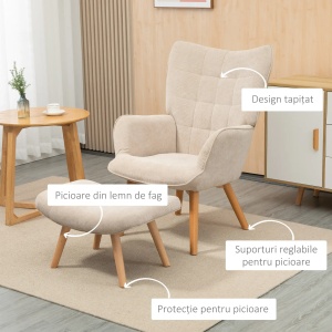 Fotoliu cu taburet Re-Bloom, catifea poliester/fag/spuma, fotoliu 72x80x101 cm + taburet 65x43x38 cm, spatar inalt, model crestat, 150/80 kg, bej/natur - Verificat A · Re-Bloom - Img 5